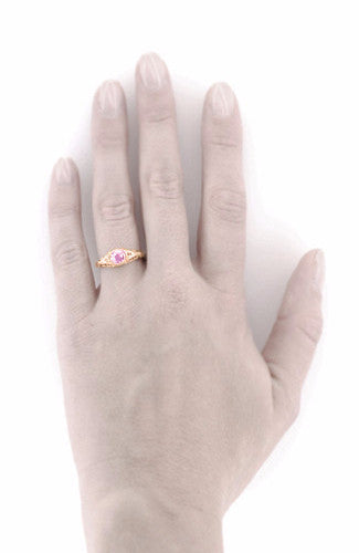 Art Deco Pink Sapphire & Diamond Low Dome Filigree Engagement Ring in 14 Karat Rose Gold - Item: R138RPS - Image: 5