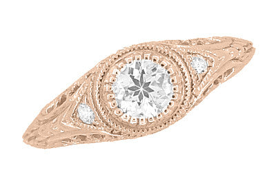 Art Deco Low Dome Filigree White Sapphire Engagement Ring in 14 Karat Rose Gold - Item: R138RWS - Image: 4