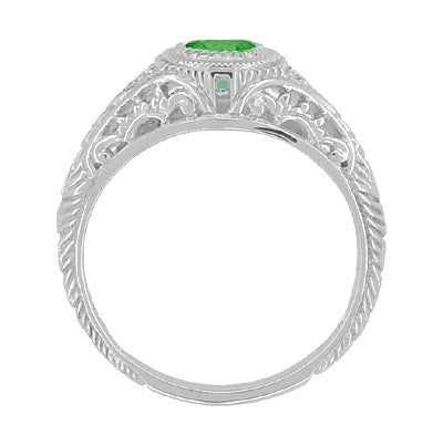 Art Deco Engraved Tsavorite Garnet and Diamond Filigree Engagement Ring in 14 Karat White Gold - Item: R138TS - Image: 2