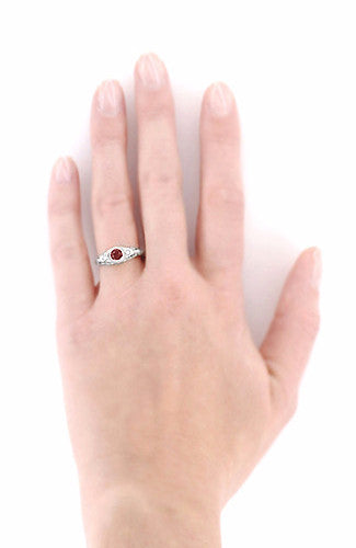 Art Deco Engraved Almandite Garnet and Diamond Filigree Engagement Ring in 14 Karat White Gold - Item: R138WAG - Image: 5