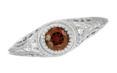 Art Deco Engraved Almandite Garnet and Diamond Filigree Engagement Ring in 14 Karat White Gold - Item: R138WAG - Image: 2