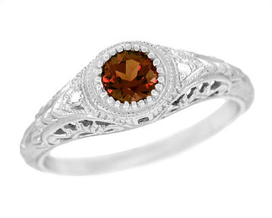 Art Deco Engraved Almandite Garnet and Diamond Filigree Engagement Ring in 14 Karat White Gold