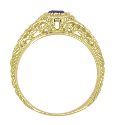 Art Deco Low Dome Yellow Gold Sapphire Filigree Engagement Ring with Side Diamonds - Item: R138Y14 - Image: 3