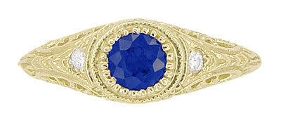 Art Deco Low Dome Yellow Gold Sapphire Filigree Engagement Ring with Side Diamonds - Item: R138Y14 - Image: 5