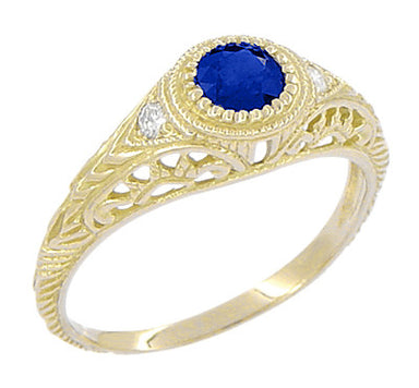 Art Deco Low Dome Yellow Gold Sapphire Filigree Engagement Ring with Side Diamonds - alternate view