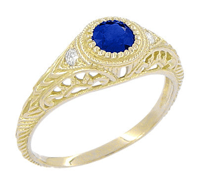 Art Deco Low Dome Yellow Gold Sapphire Filigree Engagement Ring with Side Diamonds - Item: R138Y14 - Image: 2