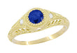 Art Deco Low Dome Yellow Gold Sapphire Filigree Engagement Ring with Side Diamonds