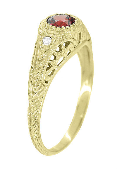 Yellow Gold Art Deco Engraved Almandite Garnet Filigree Engagement Ring With Side Diamonds - Item: R138YAG14 - Image: 3