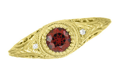 Yellow Gold Art Deco Engraved Almandite Garnet Filigree Engagement Ring With Side Diamonds - alternate view