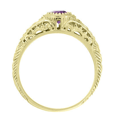 1920's Art Deco Filigree Yellow Gold Vintage Engraved Amethyst Engagement Ring with Side Diamonds | Low Profile - Item: R138YAM14 - Image: 3