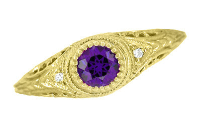 1920's Art Deco Filigree Yellow Gold Vintage Engraved Amethyst Engagement Ring with Side Diamonds | Low Profile - Item: R138YAM14 - Image: 4