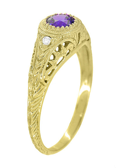 1920's Art Deco Filigree Yellow Gold Vintage Engraved Amethyst Engagement Ring with Side Diamonds | Low Profile - alternate view