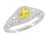 Art Deco Low Dome Yellow Sapphire and Side Diamond Filigree Engagement Ring in 14 Karat White Gold