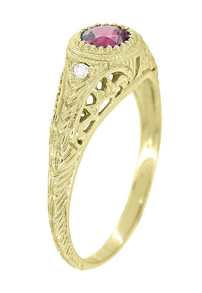 Art Deco Yellow Gold Rhodolite Garnet Filigree Engagement Ring with Side Diamonds - Item: R138YG14 - Image: 2