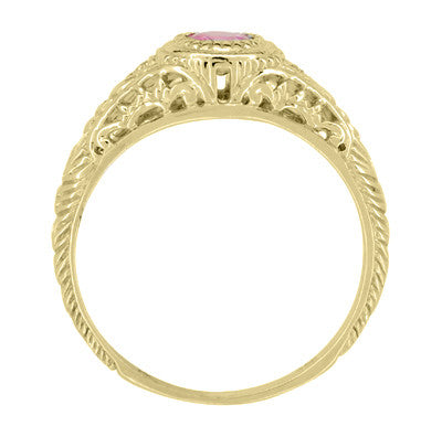 Yellow Gold Art Deco Engraved Pink Sapphire and Diamond Filigree Engagement Ring - 14K or 18K - Item: R138YPS14 - Image: 3