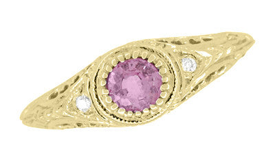 Yellow Gold Art Deco Engraved Pink Sapphire and Diamond Filigree Engagement Ring - 14K or 18K - Item: R138YPS14 - Image: 4