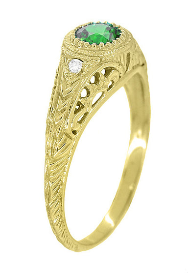 Art Deco Engraved Yellow Gold Tsavorite Garnet Filigree Engagement Ring with Side Diamonds - alternate view