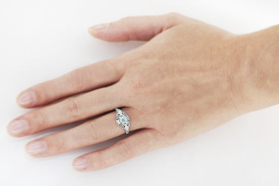 Edwardian Aquamarine and Diamonds Scroll Dome Filigree Engagement Ring in 14 Karat White Gold - Item: R139A - Image: 3