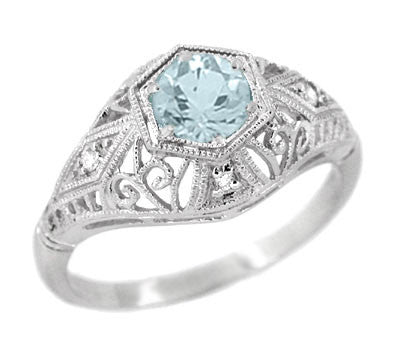 Edwardian Aquamarine and Diamonds Scroll Dome Filigree Engagement Ring in 14 Karat White Gold