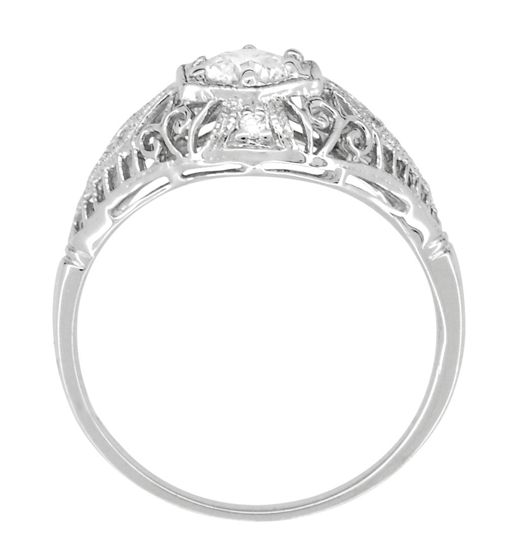 Edwardian Diamond Scroll Dome Filigree Engagement Ring in 14 Karat White Gold - Item: R139D-LC - Image: 4