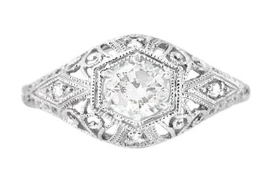 Edwardian Diamond Scroll Dome Filigree Engagement Ring in 14 Karat White Gold - alternate view