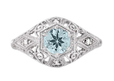 Edwardian Aquamarine and Diamonds Scroll Dome Filigree Engagement Ring in Platinum - alternate view