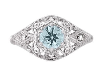 Edwardian Aquamarine and Diamonds Scroll Dome Filigree Engagement Ring in Platinum - Item: R139PA - Image: 2
