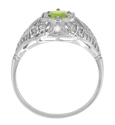 Peridot and Diamonds Filigree Scroll Dome Edwardian Engagement Ring in 14 Karat White Gold - Item: R139PER - Image: 3