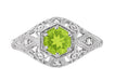 Peridot and Diamonds Filigree Scroll Dome Edwardian Engagement Ring in 14 Karat White Gold