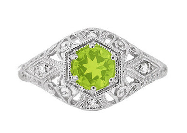 Peridot and Diamonds Filigree Scroll Dome Edwardian Engagement Ring in 14 Karat White Gold - alternate view