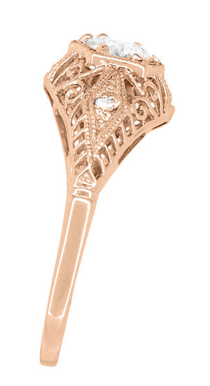 White Sapphire Filigree Scroll Dome Edwardian Engagement Ring in 14 Karat Rose Gold - Item: R139RWS - Image: 3