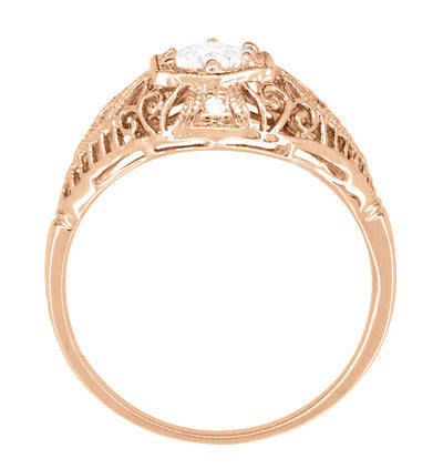 White Sapphire Filigree Scroll Dome Edwardian Engagement Ring in 14 Karat Rose Gold - Item: R139RWS - Image: 4