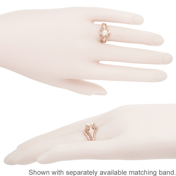 White Sapphire Filigree Scroll Dome Edwardian Engagement Ring in 14 Karat Rose Gold - Item: R139RWS - Image: 6
