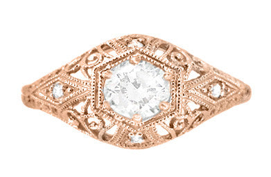 White Sapphire Filigree Scroll Dome Edwardian Engagement Ring in 14 Karat Rose Gold - Item: R139RWS - Image: 2