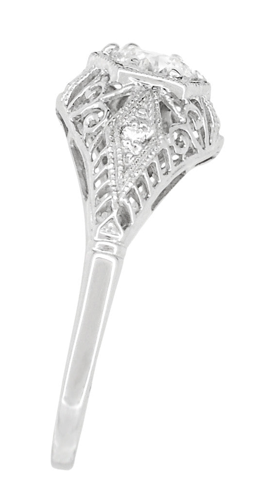 Edwardian White Sapphire Scroll Dome Filigree Engagement Ring in 14 Karat White Gold - Item: R139WWS - Image: 3