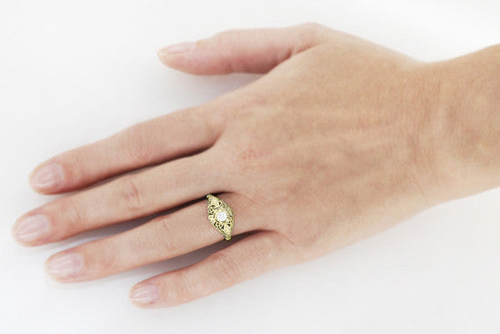 Scroll Dome Filigree Edwardian Diamond Engagement Ring in 14 Karat Yellow Gold - Item: R139YD-LC - Image: 5