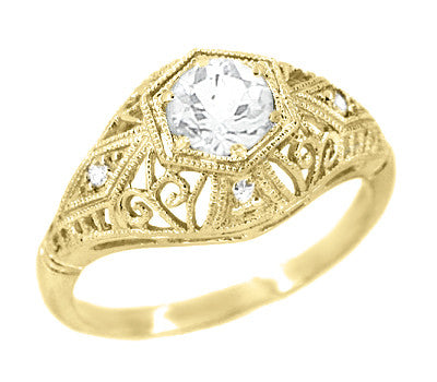 Scroll Dome Filigree Edwardian Diamond Engagement Ring in 14 Karat Yellow Gold