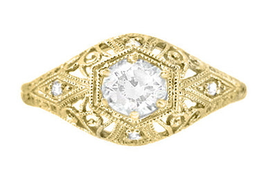 Antique Style White Sapphire Scroll Dome Filigree Edwardian Engagement Ring in 14 Karat Yellow Gold - alternate view