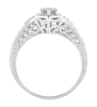1920's Art Deco Aquamarine and Diamond Filigree Engraved Engagement Ring in Platinum - alternate view