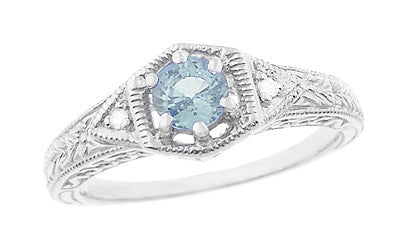 1920's Art Deco Aquamarine and Diamond Filigree Engraved Engagement Ring in Platinum