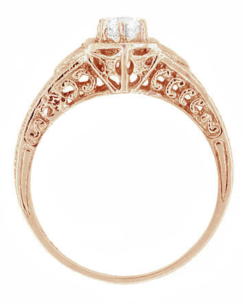 Art Deco White Sapphire Filigree Engraved Engagement Ring in 14 Karat Rose ( Pink ) Gold - Item: R149RWS - Image: 3