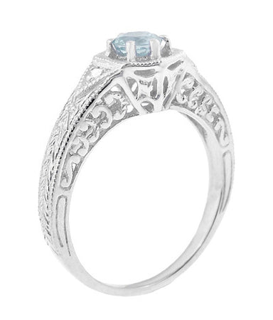Art Deco Aquamarine Filigree Engraved Engagement Ring in 14 Karat White Gold with Side Diamonds - alternate view