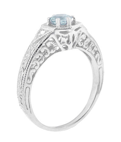 Art Deco Aquamarine Filigree Engraved Engagement Ring in 14 Karat White Gold with Side Diamonds - Item: R149WA - Image: 2