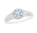 Art Deco Aquamarine Filigree Engraved Engagement Ring in 14 Karat White Gold with Side Diamonds