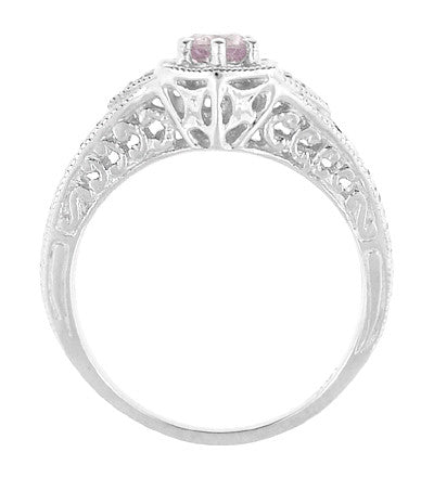 Art Deco Morganite and Diamond Filigree Engraved Engagement Ring in 14 Karat White Gold - Item: R149WM - Image: 3
