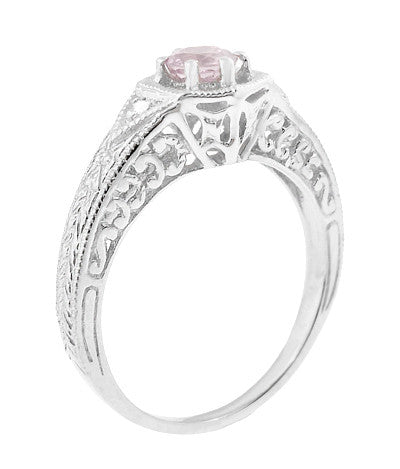 Art Deco Morganite and Diamond Filigree Engraved Engagement Ring in 14 Karat White Gold - Item: R149WM - Image: 2