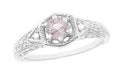 Art Deco Morganite and Diamond Filigree Engraved Engagement Ring in 14 Karat White Gold