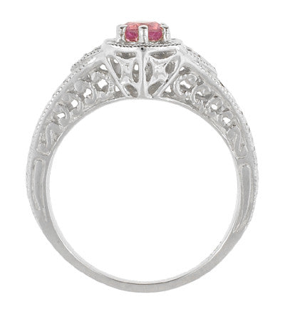 Art Deco Pink Sapphire and Diamond Filigree Engraved Engagement Ring in 14 Karat White Gold - Item: R149WPS - Image: 3