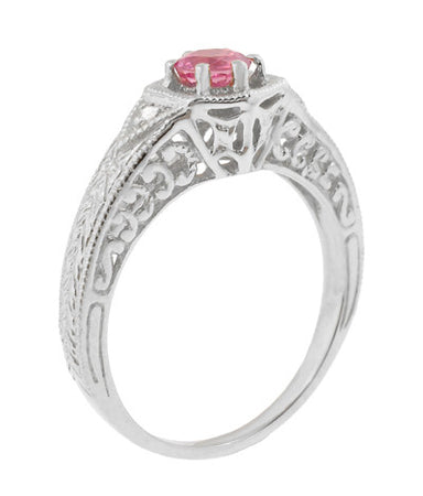 Art Deco Pink Sapphire and Diamond Filigree Engraved Engagement Ring in 14 Karat White Gold - alternate view