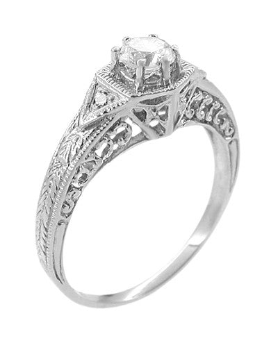 White Gold Art Deco Vintage White Sapphire Filigree Engraved Engagement Ring with White Sapphire Side Stones- R149WS